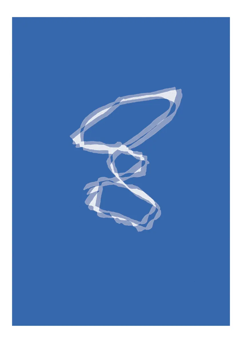 White looping line drawing on a blue field, with a white border