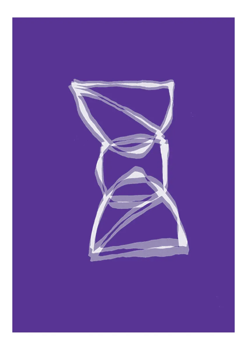 White overlapping line drawing on a purple field, with a white border