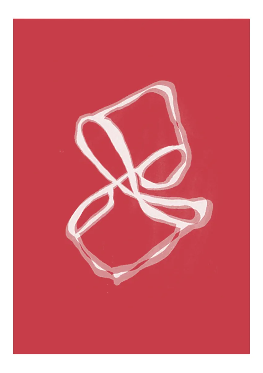 White intersecting line drawing on a red field, with a white border