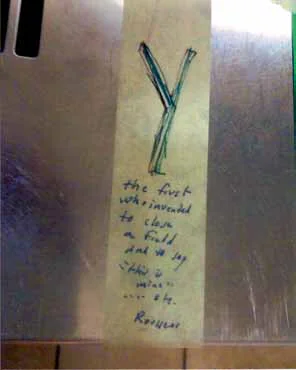 Jared Pappas-Kelley’s no title: a handwritten note beneath a drawn Y-shaped twig